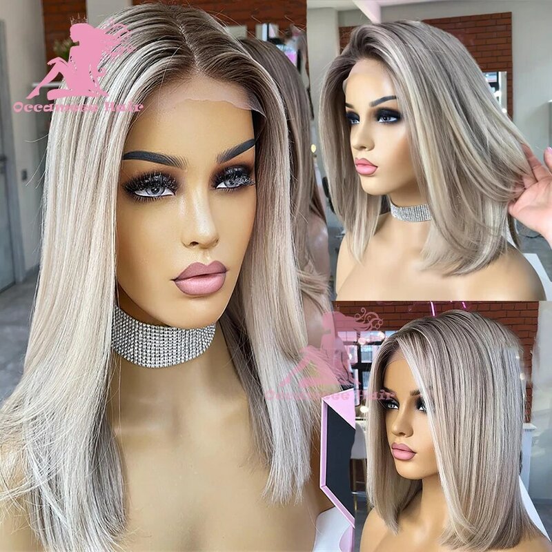 Bob Cut Wig Full Ends Ombre Highlight Ash Blonde Colored Brazilian Virgin Remy Cuticle Human Hair Lace Front Wigs Straight For W