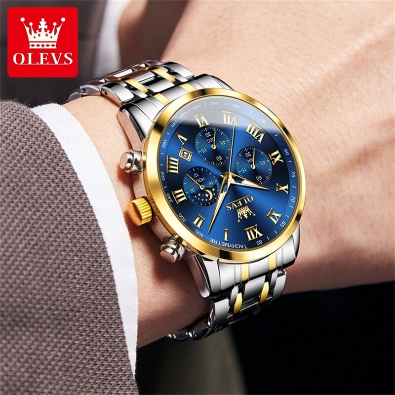นาฬิกาข้อมือผู้ชายแบรนด์หรู OLEVS นาฬิกาควอทซ์ข้างแรมกันน้ำวันที่สแตนเลสนาฬิกาข้อมือผู้ชายของแท้