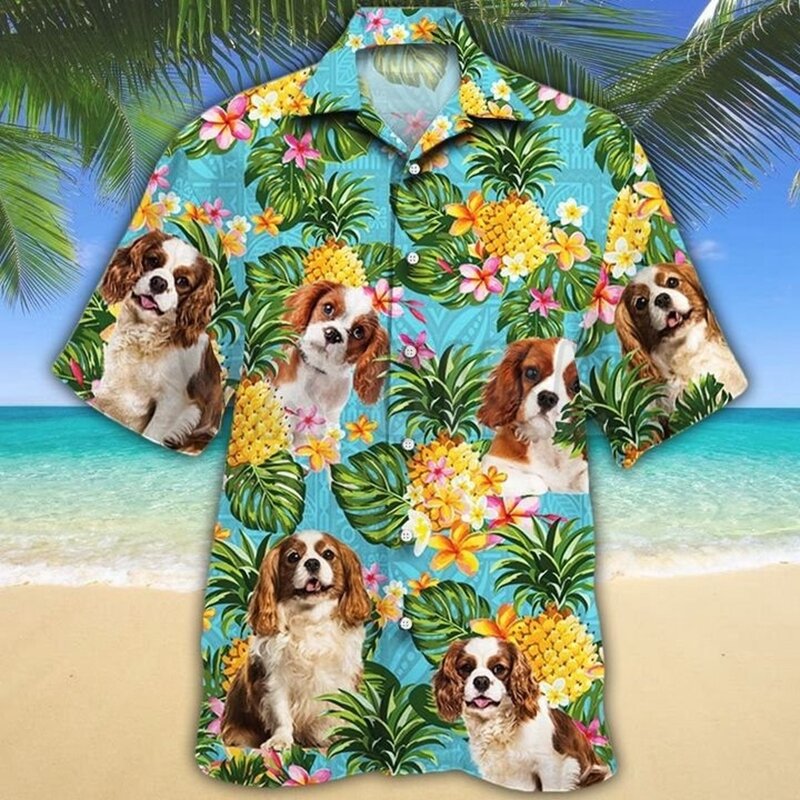 Hawaii kemeja untuk pria, pakaian pantai Harajuku kasual cetak 3D musim panas bunga daun anjing peliharaan tropis