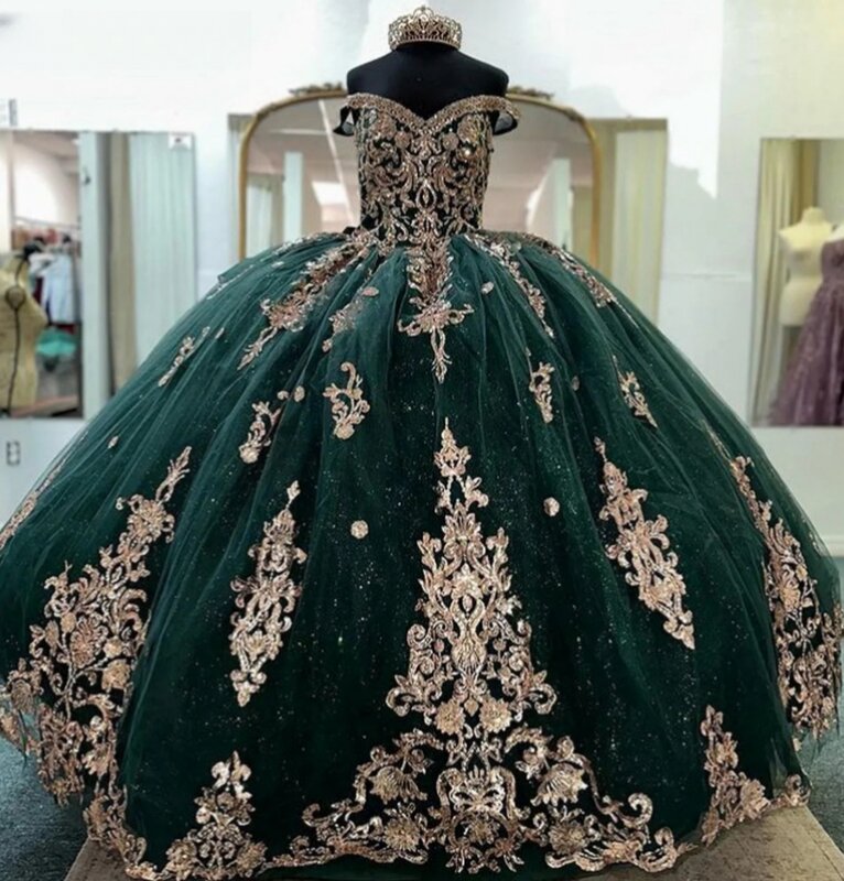Grüne Prinzessin Quince anera Kleider Ballkleid von der Schulter Applikationen süß 16 Kleider 15años mexikanisch