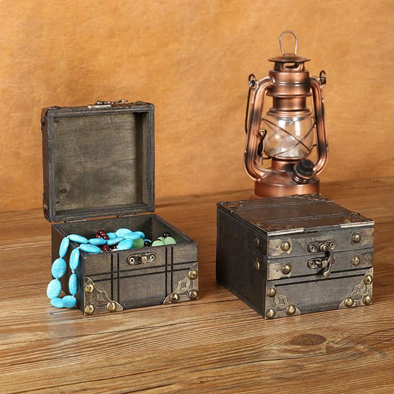 Mini joyero de madera, caja de tesoro Retro con cerradura, caja de recuerdo de joyería pequeña, organizador de escritorio, regalo para niños, decoración del hogar