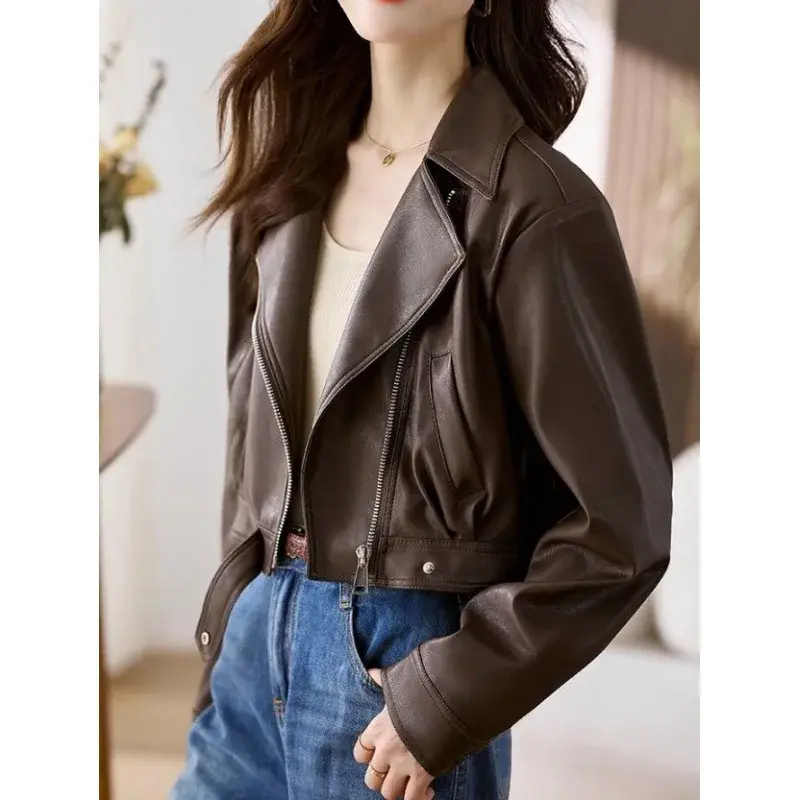 Jaket pendek kulit tiruan untuk wanita, jaket pendek kulit sintetis longgar Vintage dengan sabuk, pakaian jalanan, mantel Retro pengendara sepeda motor 2024, atasan Luaran