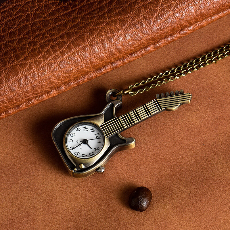 Jam tangan saku Quartz Dial kecil antik untuk pria wanita Jam kalung liontin rantai gitar musik untuk hadiah koleksi