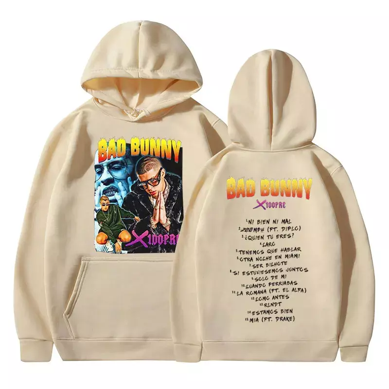Rapper Bad Bunny Music Album X 100PRE Graphic Hoodie Men Women Harajuku Hip Hop Sweatshirts Fashion Vintage Oversized Pullovers