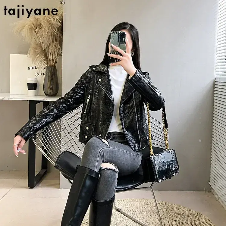 Tajiyane-女性のための本革のジャケット,シープスキンのジャケット,韓国のファッション,短い薄い革のジャケット,黒のバイカーコート,2023