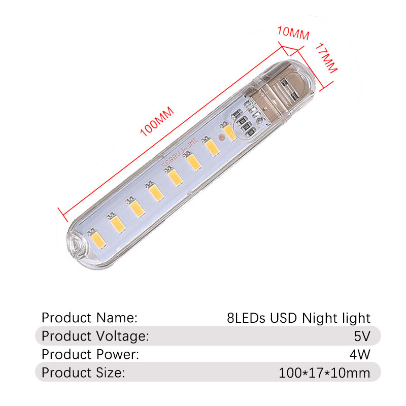 Lampu Malam USB DC5V 8LED dengan 8 Manik-manik Lampu Merah Kuning Putih Biru Hijau Ungu 4W Pelindung Mata Lampu Meja Kecil untuk Kamar Tidur