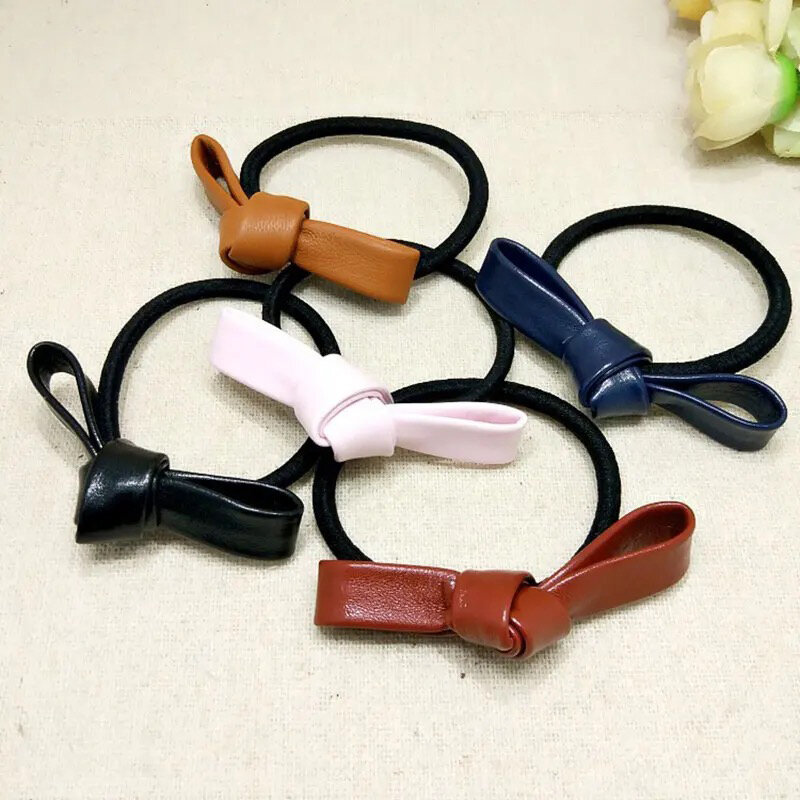 Korean Hand-knotted Leather Bow Ponytail Holders Hair Rope for Women Girls Hair Ties Rings Rope Headwear Accessories