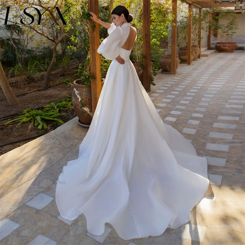 LSYX Puff Sleeves High-Neck Cut Out Organza Wedding Dress Button Back A-Line Beaded Court Train Bridal Gown Custom Made