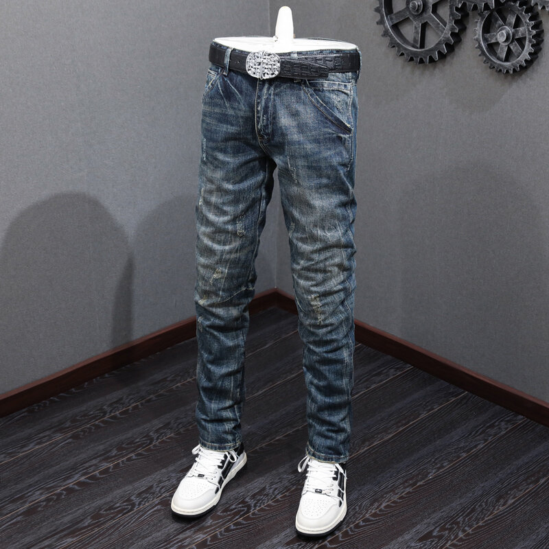 Styl japoński modne dżinsy męskie wysokiej jakości Retro ciemnoniebieski prosto szczupła porwane jeansy mężczyźni w stylu Vintage projektant spodnie dżinsowe Hombre