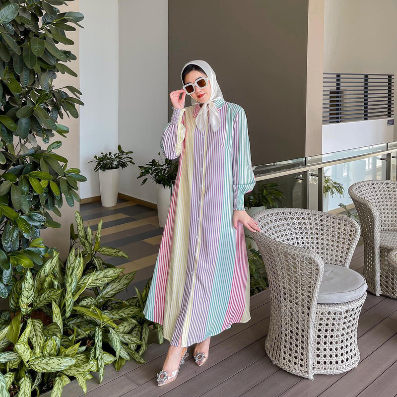 Muslim luxury and fashion Moroccan dress women's long skirt with lapel stripes shirt long skirt Middle East Dubai Arab dress