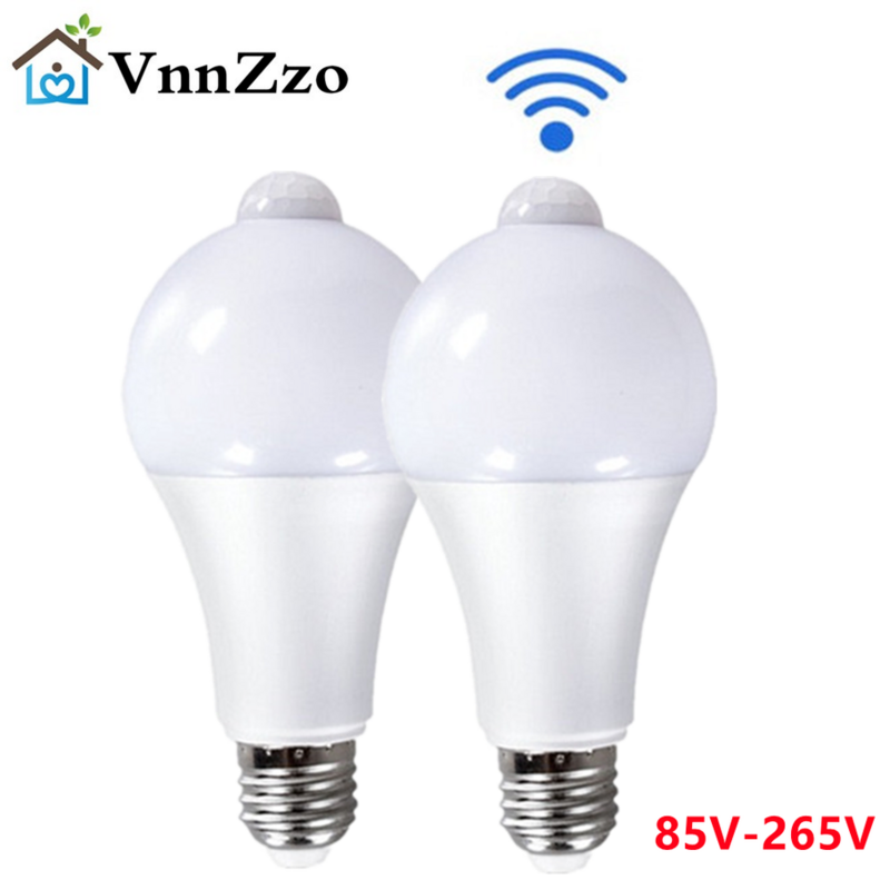 VnnZzo-bombillas LED con Sensor de movimiento PIR, luz nocturna E27, 85V-265V, 12W, 15W, 18W, para escalera, pasillo, lámparas de emergencia