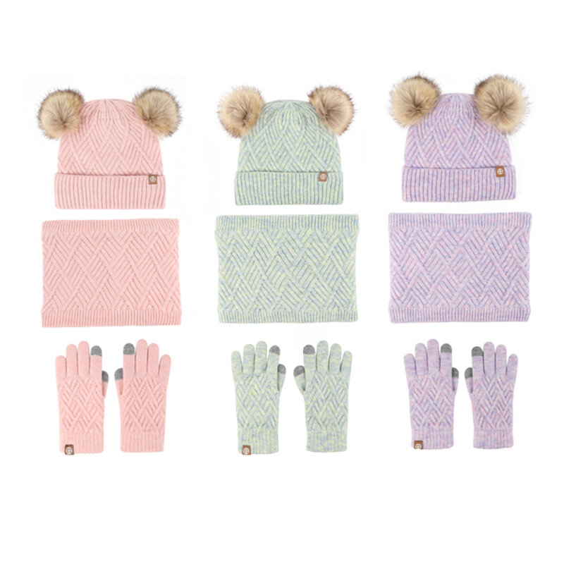 Bonnet et écharpe tricotés rembourrés coupe-vent pour enfants, ensemble de 3 pièces, chaud, laine, boule, gants, enfants, hiver
