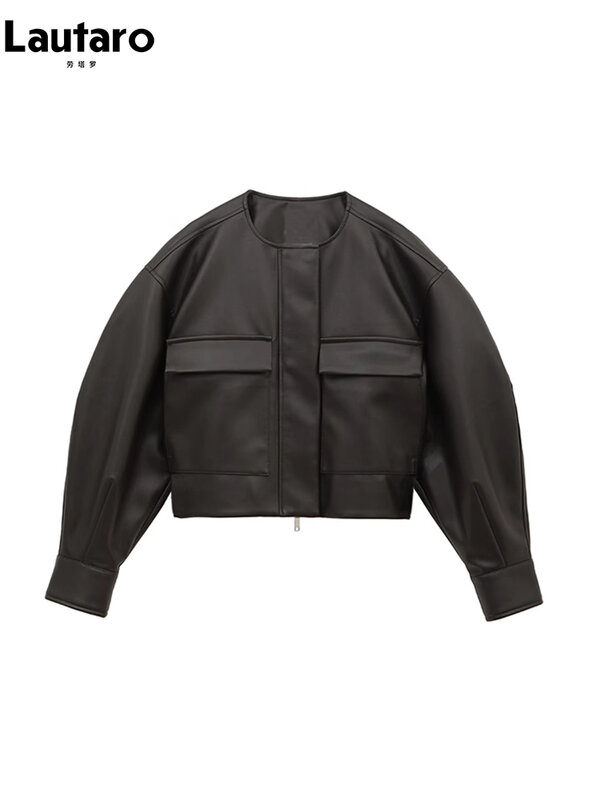 Lautaro 여성용 오버사이즈 짧은 블랙 소프트 PU 가죽 재킷, 앞면 주머니가 있는 긴팔, 럭셔리 디자이너 의류, 멋진 가을