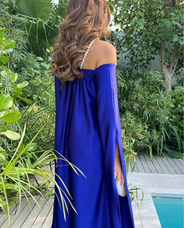 Niebieska sukienka na studniówkę saudyjska plisowane długa, bez rękawów sukienki wieczorowe bez ramiączek do podłogi formalne sukienki imprezowe