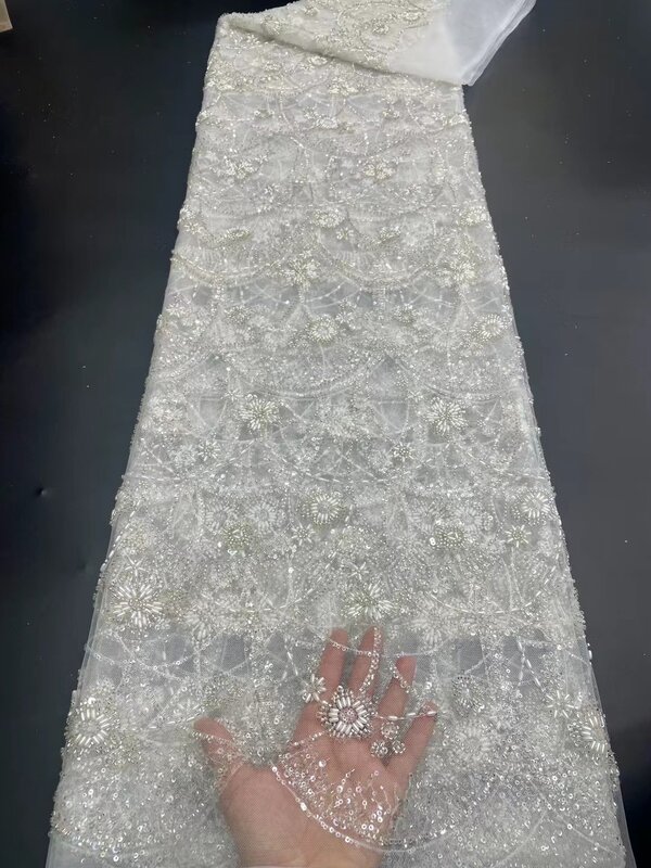 2024 tessuto di pizzo con perline a mano di lusso tessuto da sposa tessuti di fascia alta perline di paillettes ricamate nigeriane francesi per il matrimonio