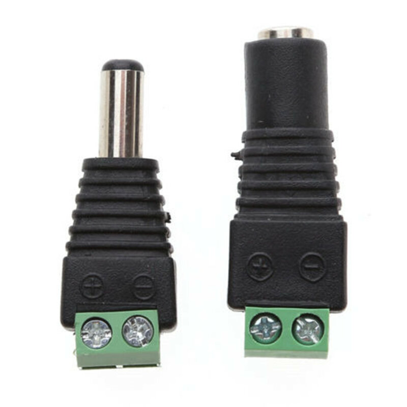 5,5 mm x 2,1 mm adaptadores de enchufe de corriente continua roscados internamente y externamente para 5050 3528 5060 cintas LED monocromáticas y cámaras CCTV
