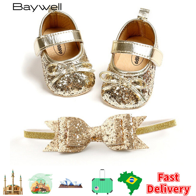 女の赤ちゃんのためのスパンコールのついた靴,最初のステップのための弓のセット,柔らかい靴底のフックと弾性,女の子のための靴