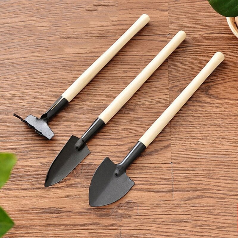 Mini outils de jardinage en acier inoxydable avec manche en bois pour plantes en pot, pelle, râteau, bêche, fleurs, balcon, maison, ensemble de 3 pièces