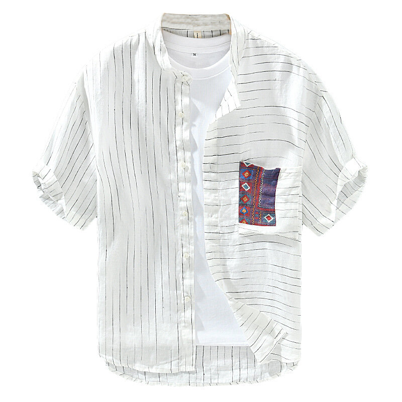 Jm286-Chemises en Lin à Manches Courtes pour Jeune Homme, Style Japonais, Mode d'Été, 03/Casual, Rayure, Col Montant, Y-Match
