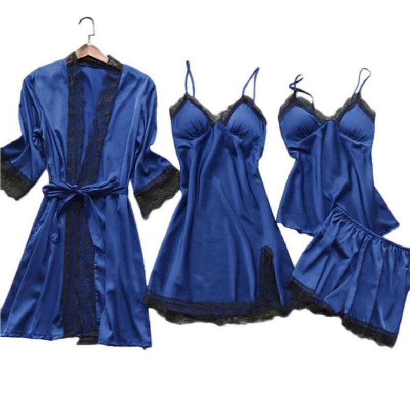 Пижама женская летняя пикантный комплект из четырех предметов Корейская версия домашний костюм с подвесным ремешком ночная рубашка с тонким ремешком на груди