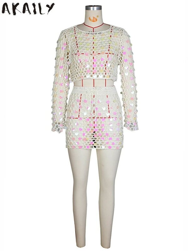Akaily-Conjunto de saias e top de lantejoulas feminino, ver através do crochê, roupas de praia, rosa, rede, sexy, verão, conjuntos de 2 peças, 2024