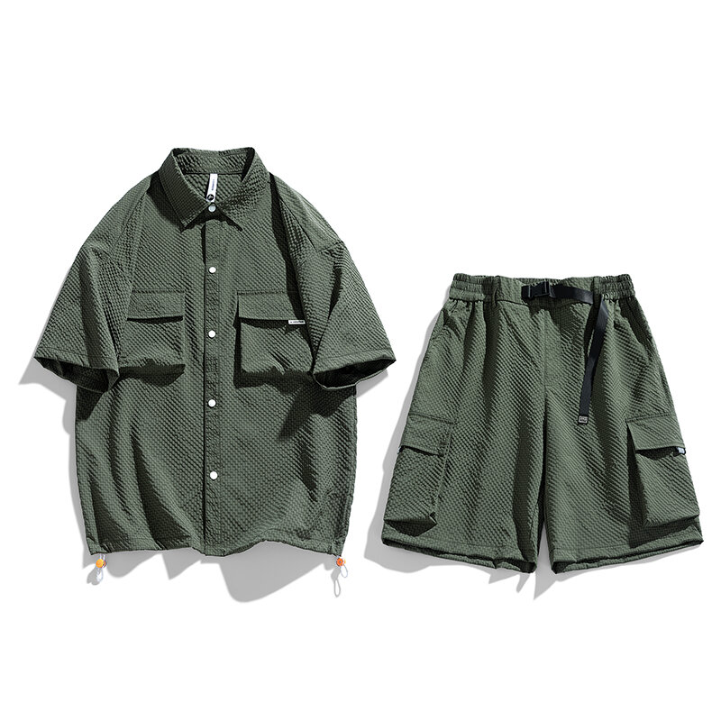 Conjunto de camisa e shorts de manga curta masculino, secagem rápida, solto, acampamento ao ar livre, elegante, verão, novo, 2 peças, 2024