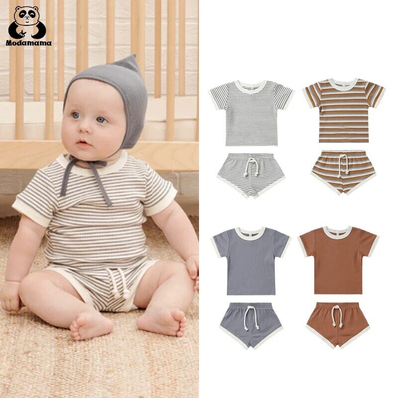 Modamama Baby Clothes Suit Soft Breathable Cotton Striped Summer Outfit Babysuits Short  Sleeveless 2Pcs Set Jumpsuit For Baby