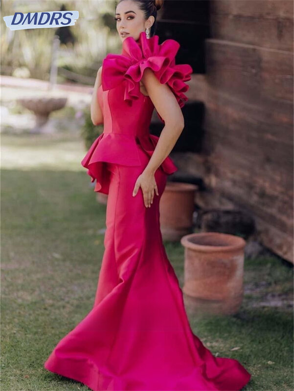 Fuschia Satin Mermaid abiti da sera da sera Sweetheart One Shoulder Prom Dress lunghezza del pavimento pieghe abiti formali per le donne