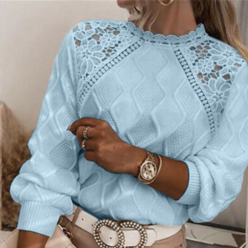 Sweter rajut berongga bordir renda elegan atasan Jumper Solid lengan panjang kasual wanita pullover longgar leher-o mode 2023