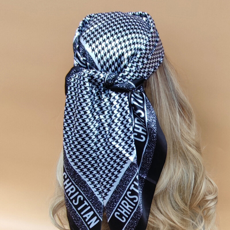 Lenço quadrado de cetim de seda para mulheres 90cm, lenço de cabelo, bandana, marca de luxo, impressão, fêmea, outono