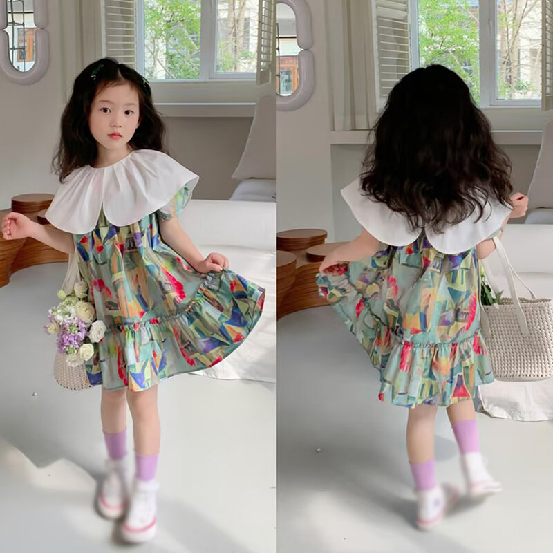 Children's Girls Korean Style Summer Dress Sweet Oil Painting Graffiti Printing Fashionable Sweet Princess Party Dress