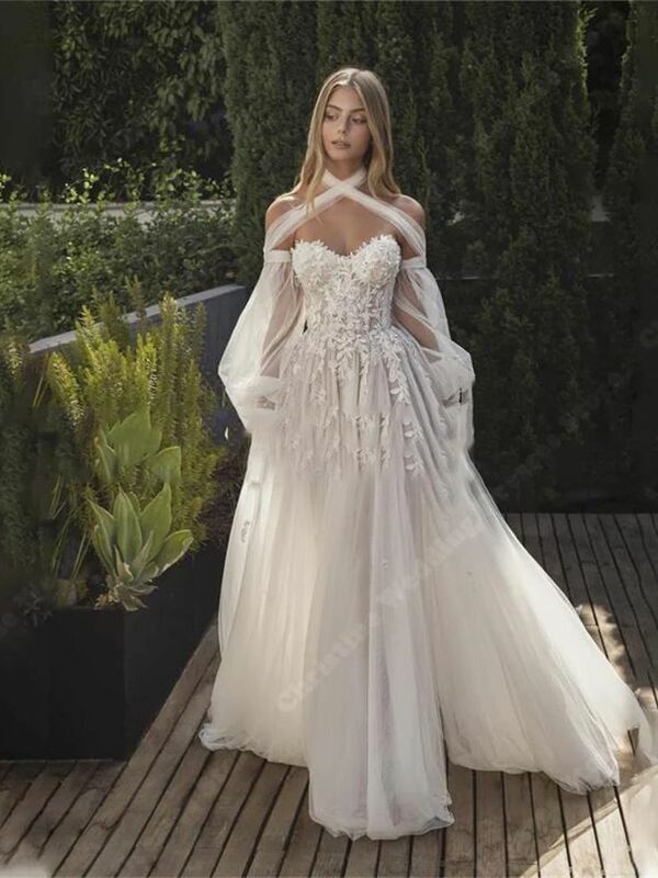 빈티지 긴팔 오프 숄더 웨딩 드레스, 밝은 색상의 얇은 명주 그물 표면, A 라인 신부 가운, 레이스 아플리케 로브