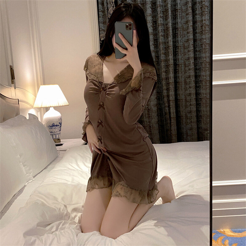2024 Spring New Pajamas Women's V-neck Lace High End Nightwear Sexy And Pure Desire Style Can Be Outworn For Home Wear Female