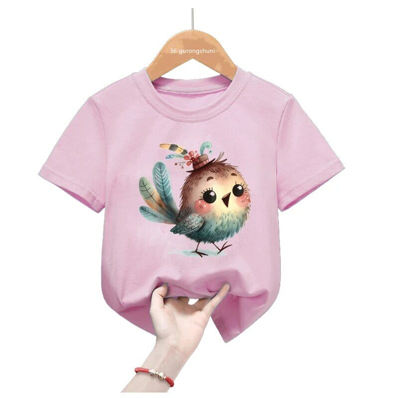 Cool Vogelprint Roze T-Shirt Meisjes Harajuku Kawaii Kinderkleding Grappig Casual T-Shirt Zomer Tops Korte Mouw Tshirt Streetwear