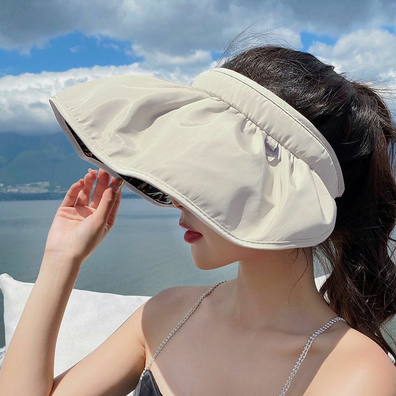 Chapéu de sol de aba larga dobrável portátil para mulheres, chapéus de praia, tampão de viseiras vazias, acessórios para cabelo, bandana dupla