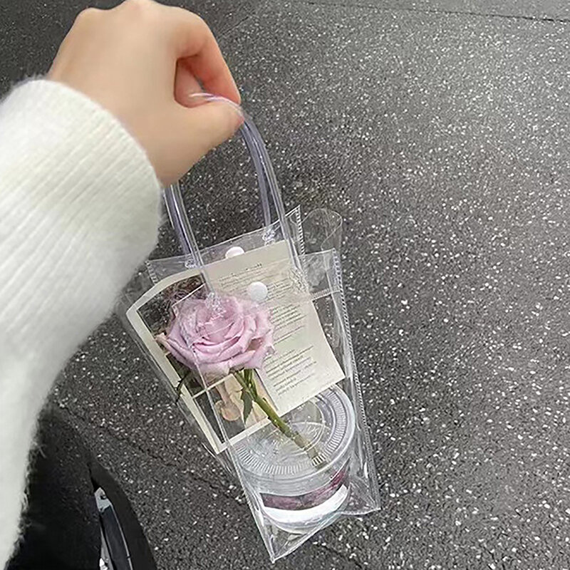 Bolsa de flores de PVC, bolso de mano transparente, embalaje de una sola tienda de flores, taza Simple DIY