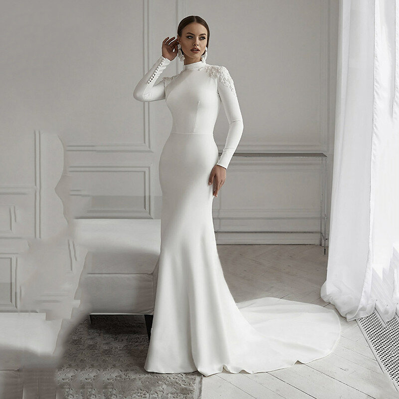심플한 레이스 인어 웨딩 드레스, 긴 소매 하이넥 무슬림 신부 드레스, 새틴 웨딩 가운, 2023