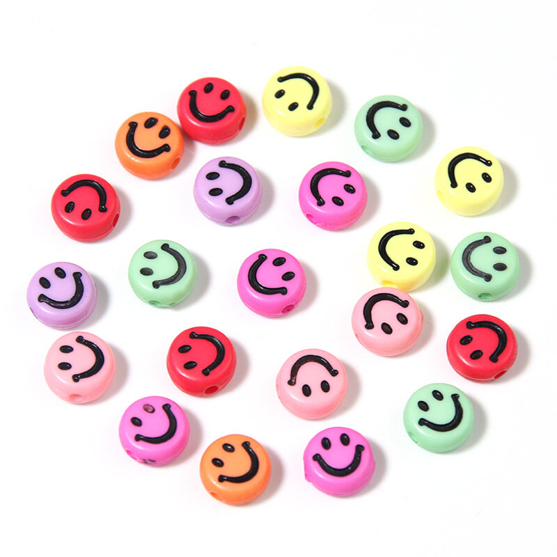 100Pcs Multicolor Acrylic Smile Face Beads For DIY Bracelet Jewelry Making Accessories Plastic Flat Round Cartoon Smiling Beads