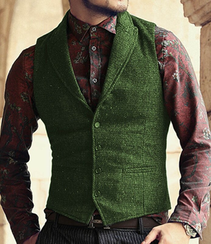 Men Suit Vest Army Green Classic Herringbone Pattern Business Waistcoat Notch Lapel Wool Tweed Groomsmen Waistcoat Vests For Men