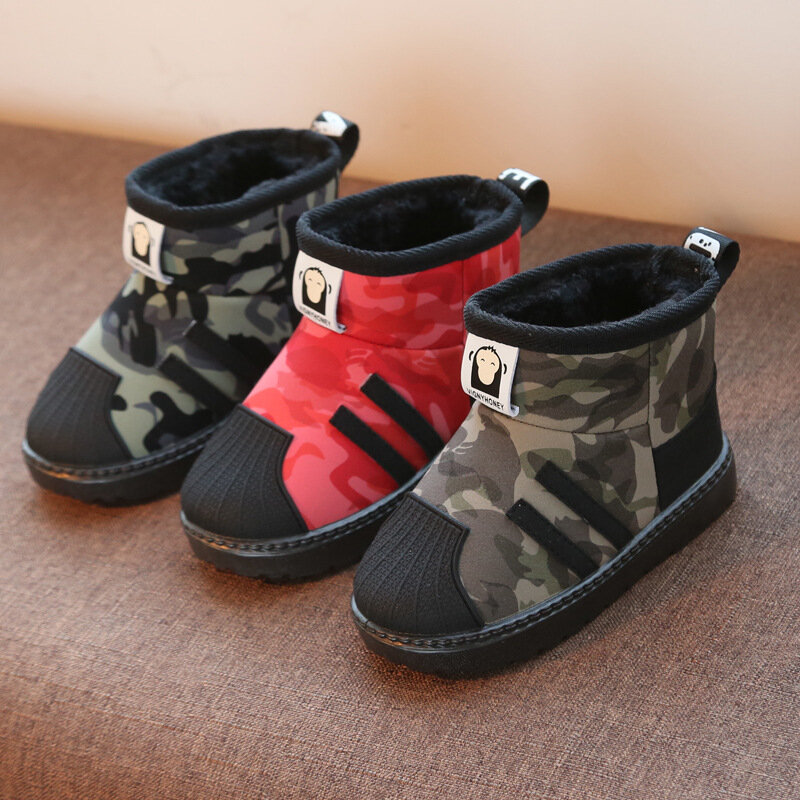 Botas de invierno de felpa para niños y niñas, zapatos cálidos de algodón para la nieve, antideslizantes, suaves, de camuflaje, a la moda