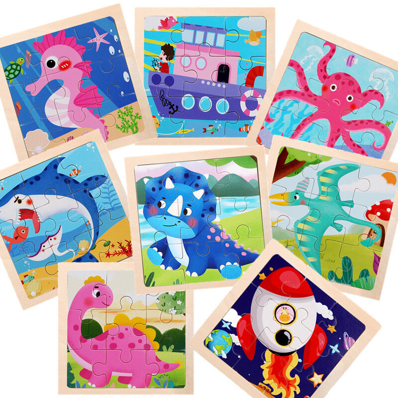 Juguete Montessori de madera para niños, material educativo 3D, rompecabezas de transporte de dinosaurios de dibujos animados, juguetes de aprendizaje, 9 piezas