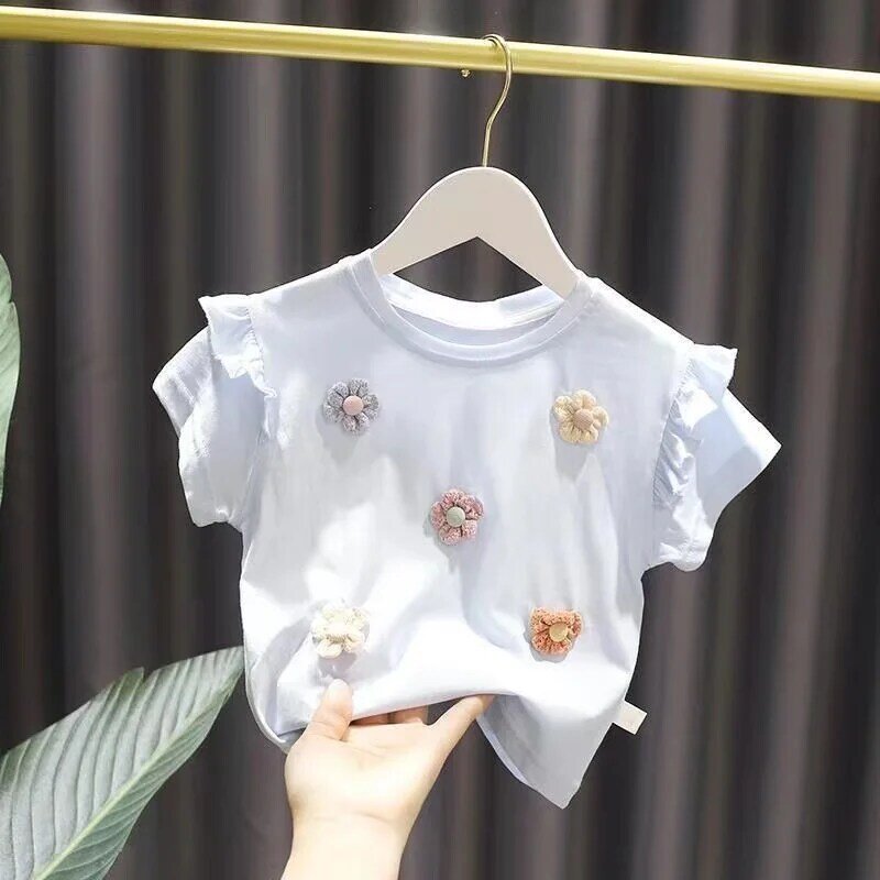 Camiseta de manga corta de encaje para niñas, camisa de fondo de algodón para bebés, 2024