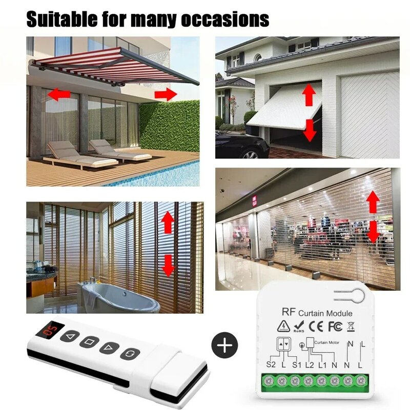 433Mhz Curtain Switch Electric Rolling Shutter Module 110v 220v 16A with 5CH Remote Control for Electric Blind Motor Garage Door