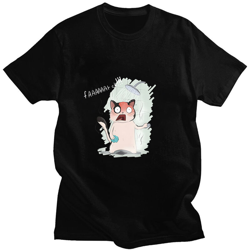 Cat Shower T-shirt Cartoon Print 100% Cotton Tee-shirt Short Sleeve Casual Korean Style Tshirt Camiseta Hombre Manga Tees