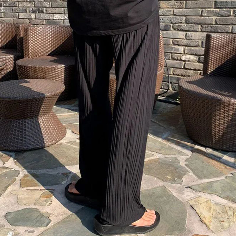 Celana Olahraga Elastis Lurus Ambang Es Celana Pria Cepat Kering Celana Kaki Lebar Longgar Musim Panas Celana Panjang Hip Hop Kasual Garis Padat