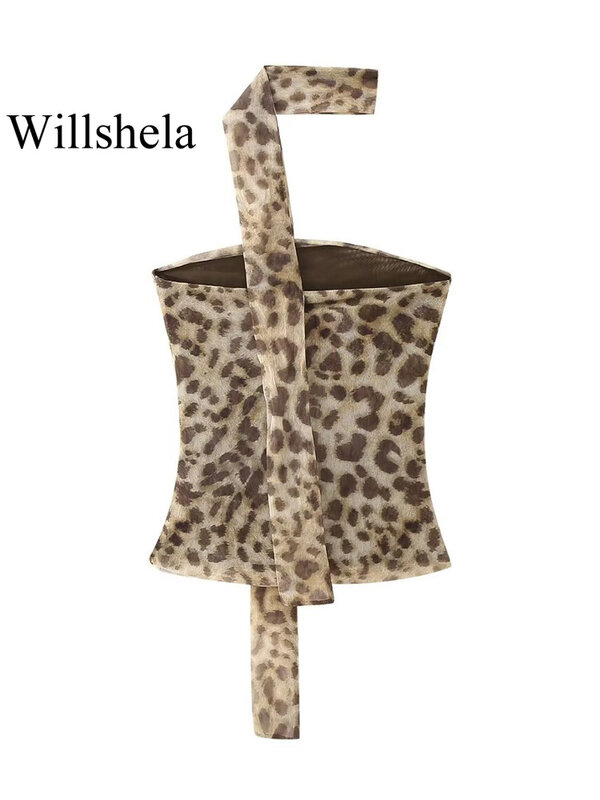 Willshela Women Fashion 2 Piece Set Tulle Leopard Pleated Tops & Vintage High Waist Midi Skirt Female Chic Lady Skirts Set
