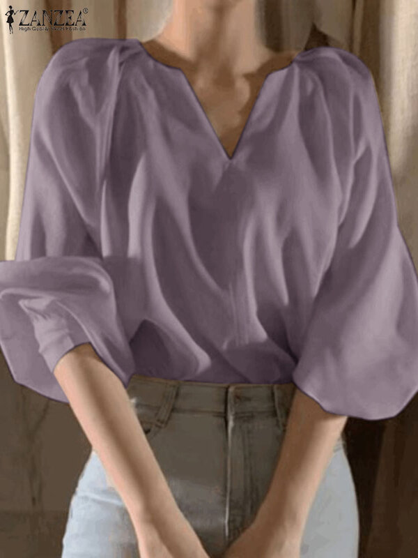 ZANZEA-قمصان بأكمام طويلة منتفخة للنساء ، قطع علوية متينة عتيقة ، بلوزة أنيقة برقبة على شكل حرف v ، ثنيات فضفاضة غير رسمية ، تونيك مواعدة ، موضة خريف ، 2023