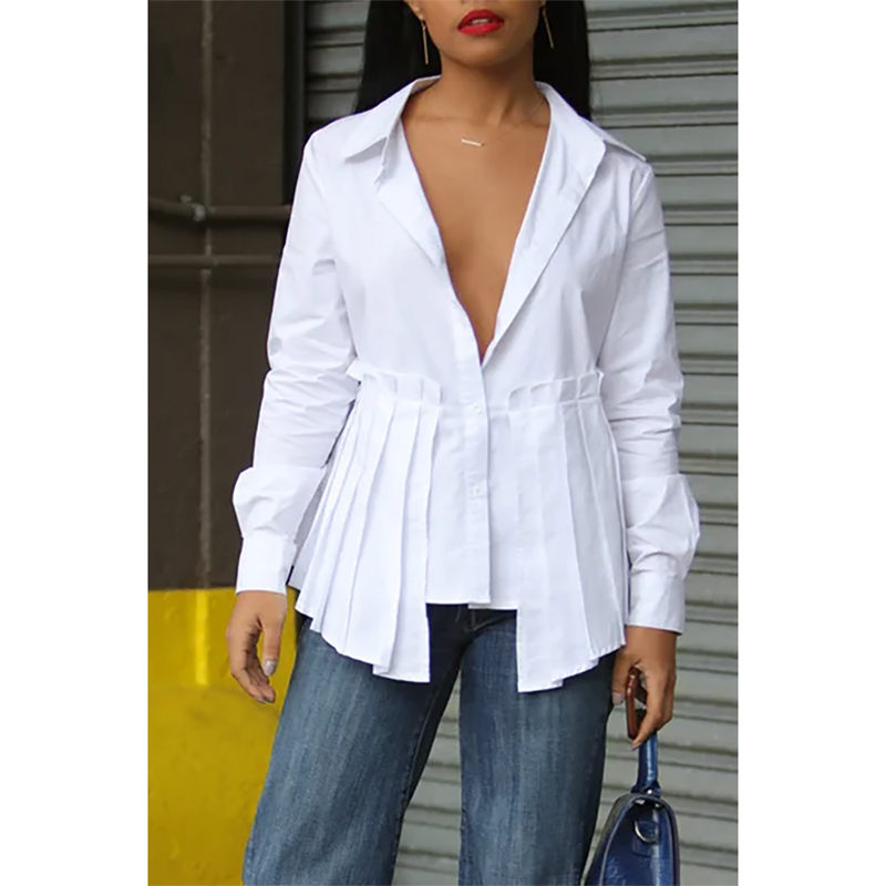Camisa plissada branca com decote em v, mangas compridas, camisa diária, plus size