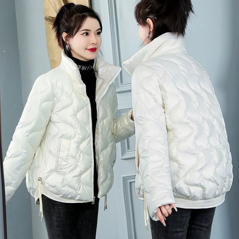 Jaket Parka wanita musim dingin, jaket Parka musim dingin tebal bawah katun berbantalan, mantel pendek kerah berdiri, pakaian luar hangat ramping 2023