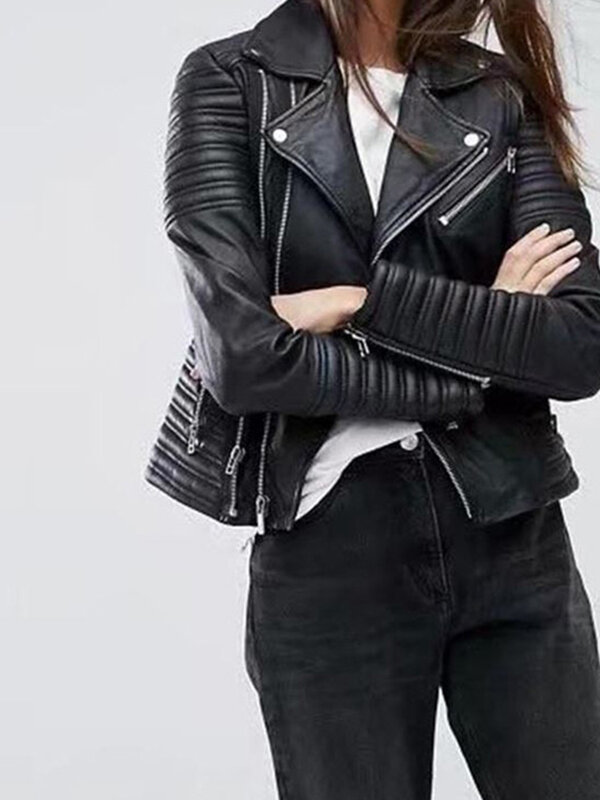 Ftlzz jaqueta de couro falso feminina, casaco com gola aberta pu para motocicleta preta punk com rebite feminino, roupa externa com zíper outono